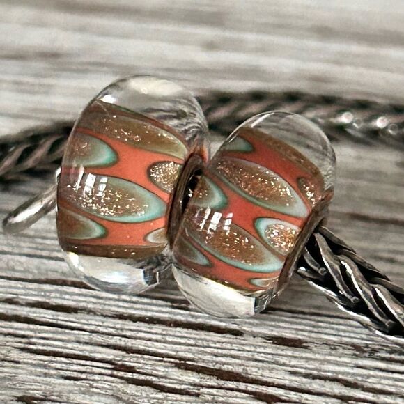 TROLLBEADS Once Upon A Time LAA 925S NEW! Coral Turquoise Glitter Spots Bead #1 - Picture 1 of 8